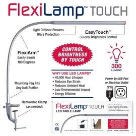 Americanails FlexiLamp Touch - LED Table Desk Lamp - Removable Clamp - Adjustable Lighting for Nail Stations - Manicure Table Light - Flexible Arm – 3 Brightness Levels - Touch Sensor - 300 Lumens