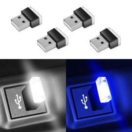 Wuyaoyao 4PCS USB LED Car Interior Atmosphere Lamp, Plug-in USB Interface Decor Lighting Kit, Portable Mini LED Ambient Night Light, Universal Car Accessories Ambient Light (2White+2Blue)