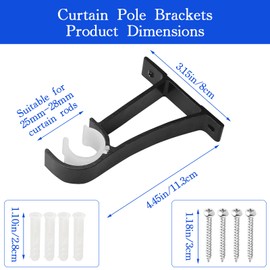 2 Pack Heavy Duty Curtain Pole Brackets – Wall Mounted Curtain Pole Hooks for 25mm to 28mm Rods, Black Aluminium Alloy Holders