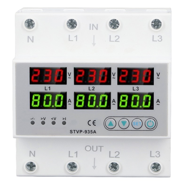 Over Under Voltage Protector 80A 3 Phase Auto Reset Voltage