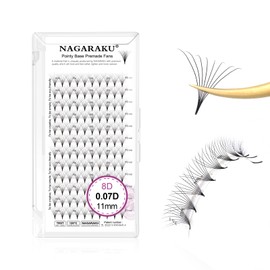 NAGARAKU 8D Prefabricated Fan Eyelashes, 120 Fans Volume, Premade Fans Tuft, Stems, Narrow Thin Lace Base, Natural, Fluffy Ready Fans Russian Black Lash, 12 Rows (0.07 D 11 mm)