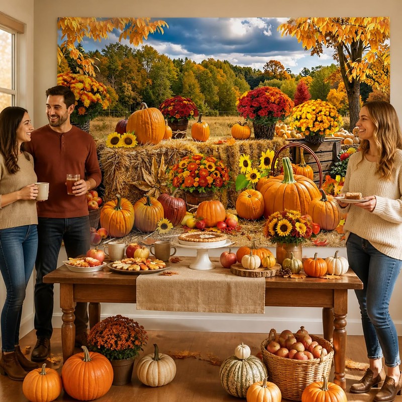 Fall Pumpkin Backdrop Autumn Haystack Hay Bale Maple Leaves Background