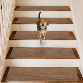Linen Stair Treads for Wooden Steps Indoor 30x8 inch, 15pcs Upgraded Self Adhesive Backing Non Slip Stair Carpets, Peel and Stick Stair Runner Rugs, Reusable Staircase Step Treads(Brown)