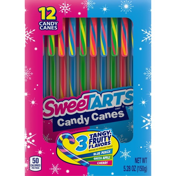 SweeTarts Holiday Candy Canes, 12ct Box - Individually Wrapped Holiday Classic, Perfect for Stocking Stuffers, Holiday Gifting and Decorating