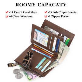 Sendefn Women's Small Purse, Genuine Leather, with 14 RFID Blocking Card Slots, with Coin Pocket, Modern