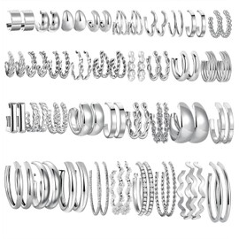 36 Pairs Gold Hoop Earrings Set for Women, Chunky Gold Earrings Multipack, Trendy Hypoallergenic Silver Hoop Earring Pack (Style1-silver)