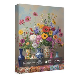 Flower Puzzle for Adults 1000 Pieces, Vintage Plant Floral Jigsaw Puzzle, Colorful Garden Pretty Spring Sunflower Wildflower Hydrangea Daisy Flower Vase Puzzle