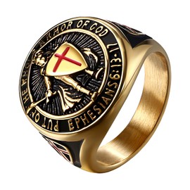 OIDEA St Michael Rings for Men: Gold Tone Saints Michael The Archangel Red Cross Ring Catholic Medal Religious Amulet Jewelry Gifts for Mens Womens Size 11