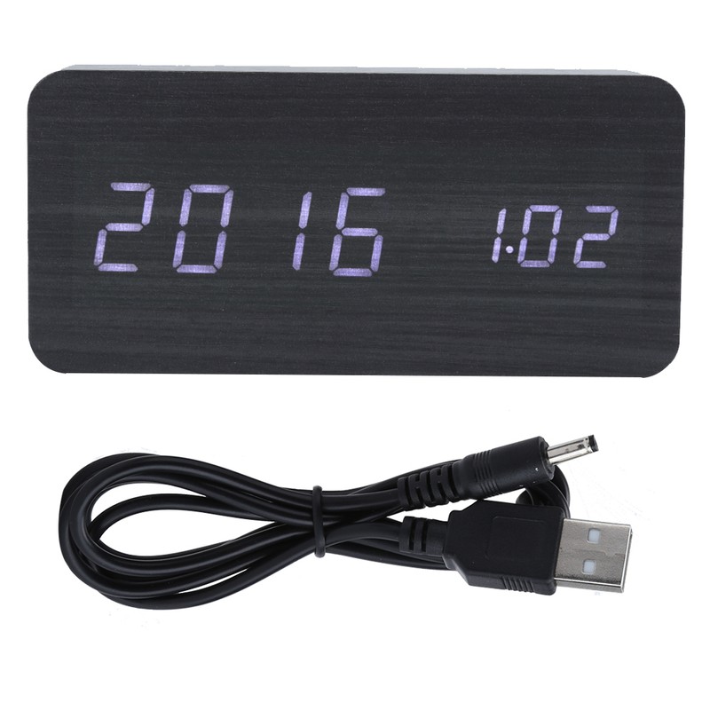 LED Wooden Alarm Clock Electronic Voice Control Temperature Date Table