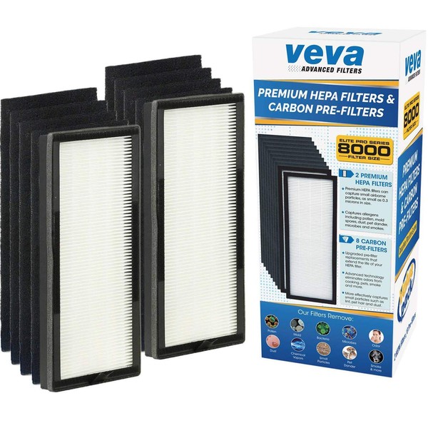 VEVA 8000 Elite Pro Series Air Purifier HEPA Filter & 4 Premium Activated Carbon Pre Filters Removes Allergens, Smoke, Dust, Pet Dander & Odor Complete Tower Air Cleaner Home & Office, 325 Sq Ft. (Filter Replacements)