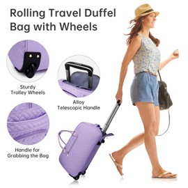 Rolling Travel Duffle Bag with Wheels for Women, Large Carry on Duffel Bags with Toiletry Bag Wet Pocket, Weekender Overnight Traveling Bag with Roller Purple