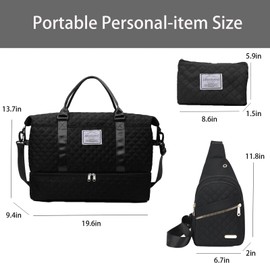 Large women's travel luggage bag three piece set for carrying overnight bags, weekend travel luggage tote bags, slanted small camisole backpacks for men and women, toiletries bags (Black)