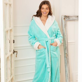 Alexander Del Rossa Women's Warm Fleece Sherpa Robe with Hood, Long Plush Hoodie Sherpa Bathrobe for Light Blue Small (A0273LBLSM)
