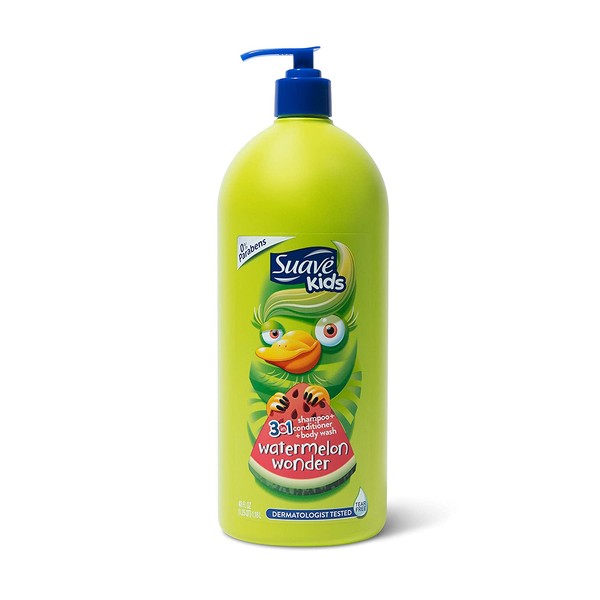 Suave Kids 3 in 1 Shampoo Conditioner Body Wash For Tear-Free Bath Time, Watermelon Wonder, Dermatologist-Tested Kids Shampoo 3 in 1 Formula 40 oz