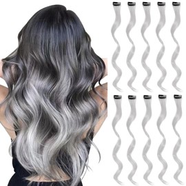 Colored Hair Extensions Clip in for Kids Girls Women, 16inch Curly Wavy, 10pieces Gray