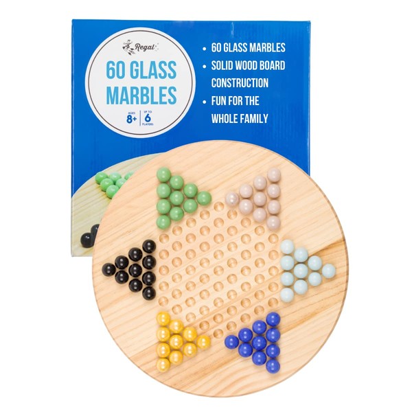 Regal Games - Chinese Checkers -11.5” Natural Wood Game Board with 60 Glass Marbles Assorted, Fun, Family-Friendly Board Game - Ideal for Up to 6 Players Ages 8+