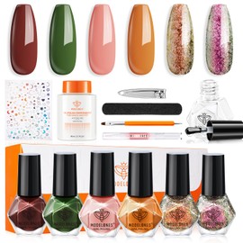 modelones Complete Nail Polish Set, 6 Fall Colors with Base Top Coat, Nail Polish Remover, Sticker, Red Green Pink Orange Sparkle Gold Purple Quick Dry Nail Art Kit, Xmas Home Manicure Gift for Women