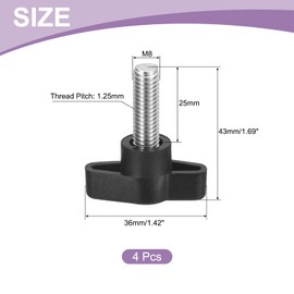 sourcing map 4Pcs Tee Wing Knobs Thumb Screws, M8 x 25mm Clamping Screw Knob Male Thread 304 Stainless Steel T Shaped Thumb Screws Handle 36mm Dia. for Hand Tightening Knob Replacement, Black