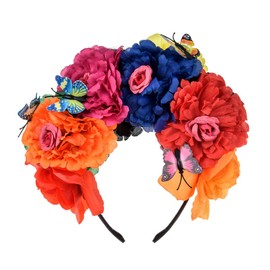 June Bloomy Day of the Dead Headpiece Frida Costume Mexican Floral Crown Rose Headband (Butterfly Red Orange)