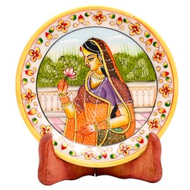 Marble Decorative Plate Traditional Indian Handpainted with Stand for Decoration Home Office Wedding Party Décor and Gifting (Lotus)