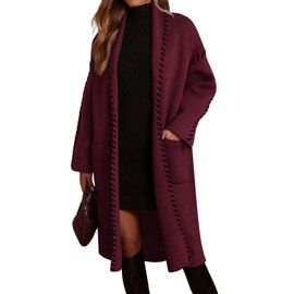 VIMPUNEC Womens Fall Long Cardigan Sweaters Oversized Chunky Jackets Open Front Knit Outwear Coats with Pockets Burgundy XL