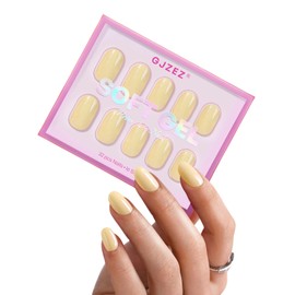 Spring Press on Nails Butter Yellow - GJZEZ Soft Gel False Nails, Short Round Manicure for Women, Salon Looking Comfort Fits Stick on Mani | 16 Sizes - 32 pcs Reusable Nail with Glue, Lemon Chiffon