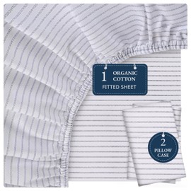 LANE LINEN King Fitted Sheet, 100% Organic Cotton, 3-Piece Set (1 Fitted Sheet,2 Pillowcases), Percale Weave, Ultra Soft, Breathable,Fits Mattress Upto 15" Deep - Ticking Stripe(No Flat Sheet)