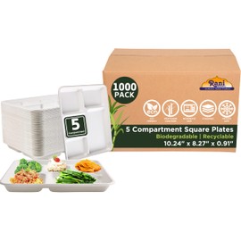 Rani 5 Compartment Square Biodegradable Divided Plates, Pack of 1000 ~ Party, Thali, Buffet | Disposable & Eco-Friendly | Heavy-Duty Sturdy Paper Bagasse | Premium Quality | 10.24" x 8.27" x 0.91"