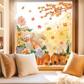 JarThenaAMCS Fall Gnome Window Clings Colorful Maple Leaves Tree Window Stickers Reusable PVC Harvest Sunflower Pumpkin Double-Sided Window Decal for Autumn Thanksgiving Party Supplies, 4 Sheets