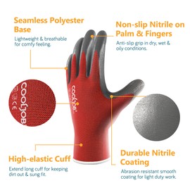 COOLJOB 10 Pairs Nitrile Dipped Safety Work Gloves with Grip, Non-slip Rubber Coated Bulk Garden Gloves for Men, Heavy-duty Oil Resistant for Truck Driver, Warehouse Box Handler, Xlarge, Red Blue