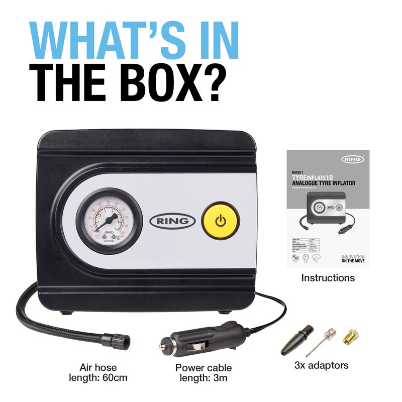 Ring TYREINFLATE 10 Analogue Tyre Inflator with Three Adaptors -
