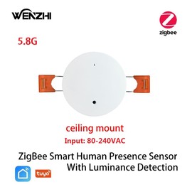 Presence Sensor, WenzhiIoT Zigbee 5.8GHz Radar MmWave Presence Sensor Body Motion Sensor with Luminance/Distance Detection 110/220V Ceiling Mount Tuya Smart Life Support Home Assistant Zigbee2mqtt