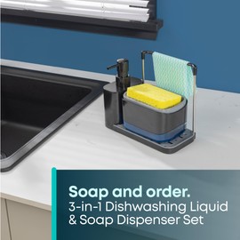 Fineway 3-in-1 Automatic Refillable Soap Dispenser Set with Sponge Holder, Black Sink Caddy Organiser for Kitchen & Bathroom (Black)