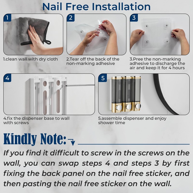 Pollock Shower Dispenser - 3 Chamber No Drill Mounted Shampoo,