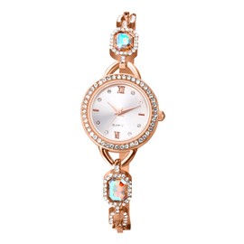 Avaner Women's Small Watch: Women's Watch with Coloured Gemstones Roman Numerals Fashionable Watch Analogue Quartz Watch for Women, Rose-Gold, Glam
