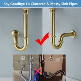 Heixutas Brass P Trap with Bathroom Sink Stopper : 1-1/4 Sink Drain Bottle Trap Set with Overflow - Adjustable Height, Brushed Gold - Complete Basin Sink Plumbing Kit for Pipe Replacement