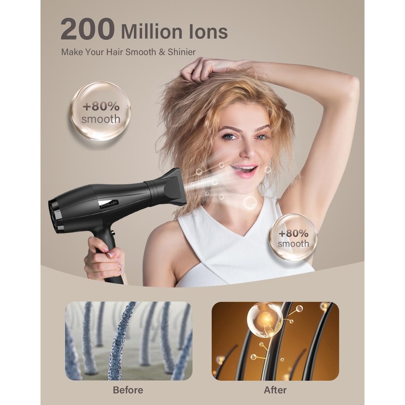 ANNLARY Ionic Hair Dryer with Diffuser for Curly Hair, Professional