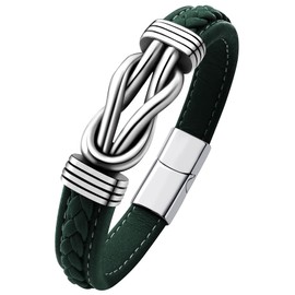 Oaldilee Mens Braided Leather Bracelet, Green Wax Rope Braided Leather Infinity Knot Bracelets for Men with Steel Clasp, 9in Length