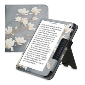 kwmobile Case Compatible with Kobo Libra 2 - Case PU Leather Cover with Magnet Closure, Stand, Strap, Card Slot - Magnolias Taupe/White/Blue Grey