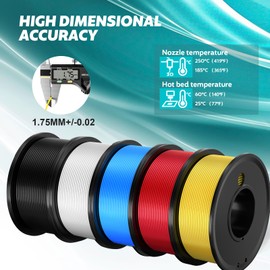 3D Printing Filament - 5 Color Printing Filament White Black Red Blue Yellow 1.75mm Dimensional Accuracy ±0.02mm Filled Filament Spools, Vacuum Packed 250G X 5