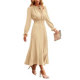 PRETTYGARDEN Women's Casual Long Sleeve Midi Dress Swiss Dot Ruffle Swing A Line Long Dresses (Apricot,Large)