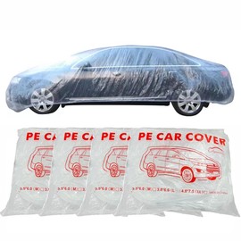 Clear Plastic Car Cover, 4 Pack Universal 12.5 x 21.7ft Disposable Full Car Cover with Elastic Band for Sedan Outdoor Snow Rain Dust Weather