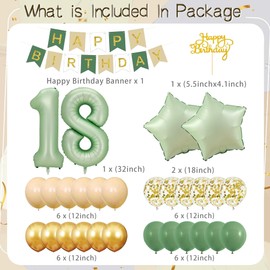 Sage Green 18th Birthday Decorations for Girls, Olive Green and Gold 18th Birthday Decorations Set, Happy Birthday Banner, Confetti Balloons for Girls Party Supplies