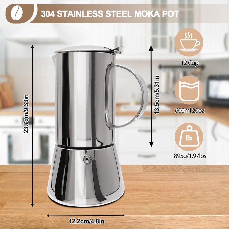 Uncoated 12 Cup Moka Pot 304 Thickened Stainless Steel Coffee