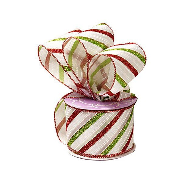 Holiday Wired Christmas Tree Ribbon - 2 1/2" x 10 Yards, Red and Green Glitter Stripes on White, Garland, Gifts, Wrapping, Wreaths, Boxing Day, Fundraiser