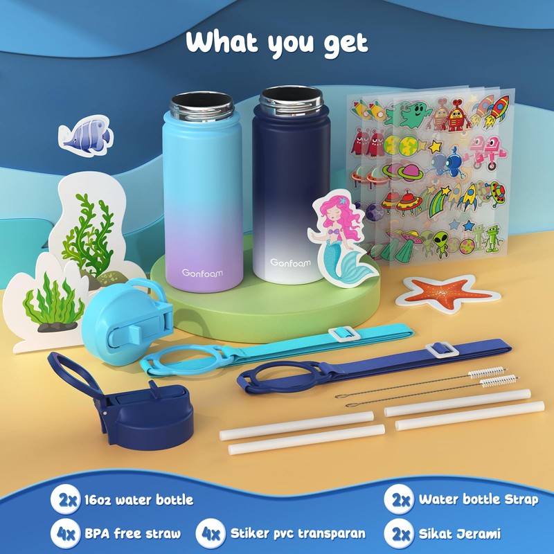 Kids Water Bottle, 2-Pack 16oz Kids Water Bottle with Stickers