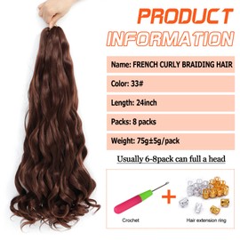 DT CHERYL French Curls Braiding Hair, 8 Pack, Pre-Stretched French Curly Braiding Hair, 24 Inch (61 cm) Loose Wave Curly Braids Hair Extensions, 75 g/Pack, French Curly Synthetic Hair Extensions (33#)