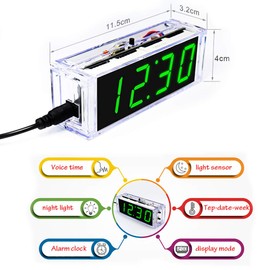 DIY Electronic Kits Digital Green Clock Time Temperature Date Display English Voice time Night Light DIY Soldering Projects for Adults(11.5x4x3.2cm)