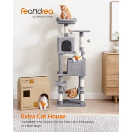 Feandrea Cat Tree, 61-Inch Cat Tower for Indoor Cats, Plush Multi-Level Cat Condo with 5 Scratching Posts, 2 Perches, 2 Caves, Hammock, 2 Pompoms, Light Gray UPCT192W01