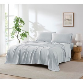 Extra Thick Heavyweight Heathered Yarn Dye Linen Feel 4 Piece Sheet Set -Supreme Soft and Cozy Bed Sheets - Includes Flat Sheet Fitted Sheet with Deep Pockets & Pillowcases-Blue Full